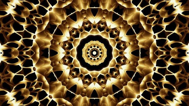Transforming round gold mandala pattern. Seamless loop footage. Emboss geometric lattice mandala in arabic style. Islamic geometric arabesque pattern.