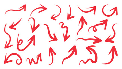 Red hand drawn arrow vector icons set. sketch arrow design for business plan and education.