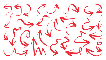 Red hand drawn arrow vector icons set. sketch arrow design for business plan and education.
