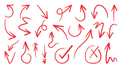 Red hand drawn arrow vector icons set. sketch arrow design for business plan and education.