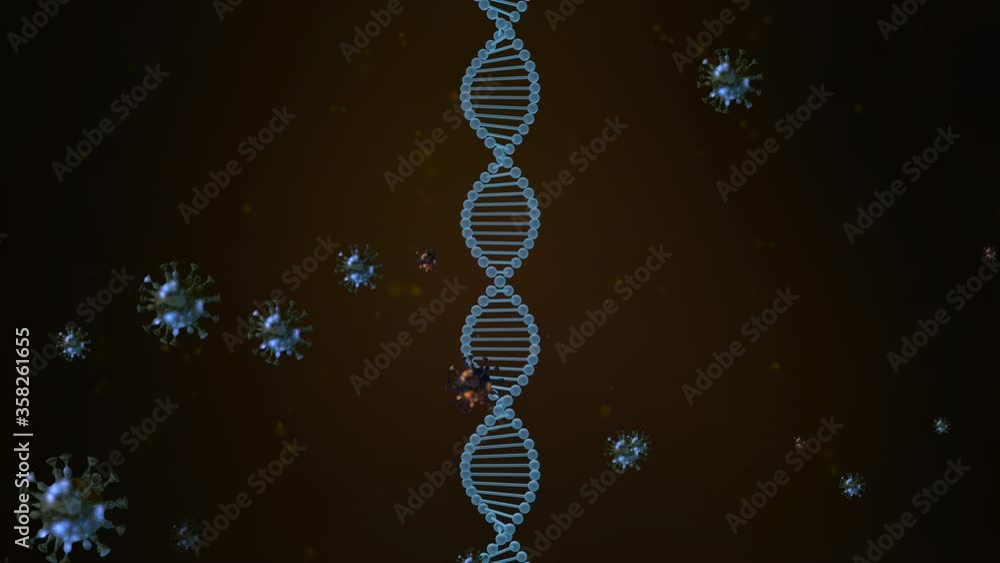 Poster 3d animation of rotating dna strand surrounded and attacked by alien cells.