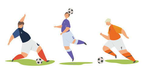 Fototapeta na wymiar Soccer player kicking ball flat vector illustration. Football players set in sports uniforms in different poses of hitting and taking the ball. European football championship, Europe Football concept