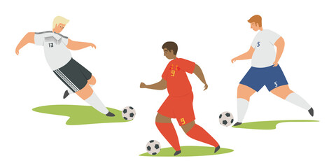 Soccer player kicking ball flat vector illustration. Football players set in sports uniforms in different poses of hitting and taking the ball. European football championship, Europe Football concept