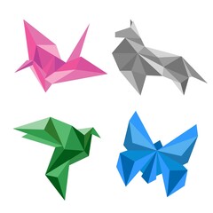 Design vector illustration of origami paper animals. Abstract logo design bird, fly bird, dog and butterfly.