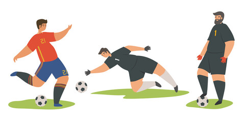 Soccer player kicking ball flat vector illustration. Football players set in sports uniforms in different poses of hitting and goalkeeper. European football championship, Europe Football concept