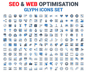 Fototapeta na wymiar SEO Glyph Icons Set. Glyph Blue Icons Set of Search Engine Optimization, Website and APP Design and Development. Simple Glyph Pictogram Pack. Logo Concept, Web Graphic. Vector icons. Editable Stroke.