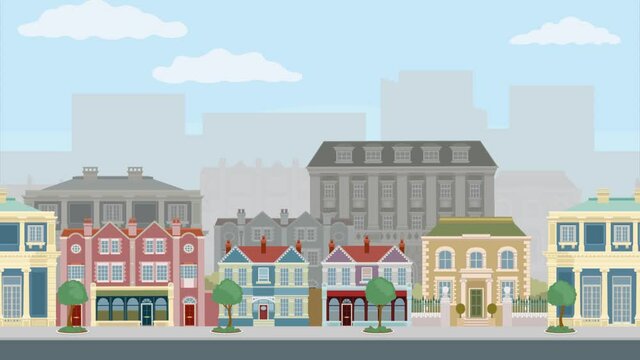 A seamlessly parallax scrolling looping background animation of a street of Victorian or mansion style houses and other city building such as shops