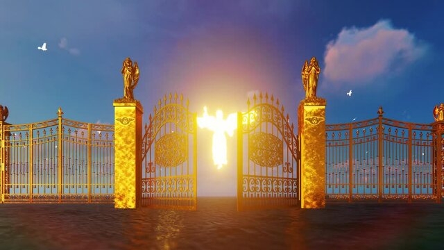 Golden gates of heaven opening to reaveal glowing angel and flying white doves