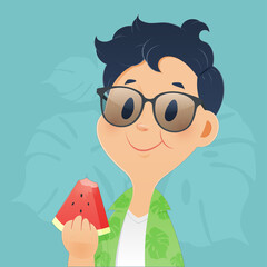 Men eating watermelon in the summer. Concepts for illustration and vector design