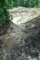 Dug hole in the ground is filled with water to the level. Swamp from the element that destroyed human activity. Stock abstract background