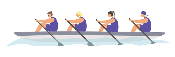 Championship games sports types flat vector illustration. Dual, Team Rowing, Water Sports Variety Concept. A team of people row in a boat, kayaking and canoeing sport
