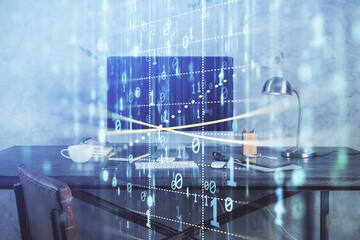 Technology theme drawing and table with computer. Double exposure. Concept of information.