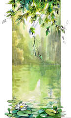 Watercolor landscape overgrown lake with water lilies and willow branches.Panorama for printing tourist postcard, backgrounds © Elena M.