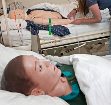 Care education. Vaccination on a puppet. Classroom. Medical. Hospital bed. 