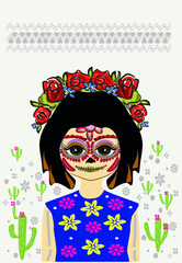 Holiday in Mexico Day of the Dead. Portrait of a girl with characters on her face. Body art. On the head is a wreath with flowers of roses. Graphic illustration. Postcard.
