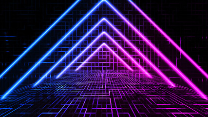 Digital technology neon color circuit board line texture background design. 