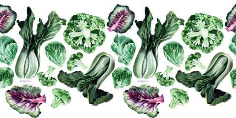 Watercolor seamless border with different types of cabbage. Brussels sprouts, broccoli and Kale