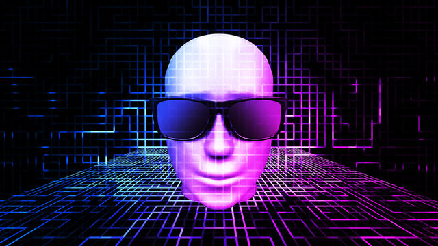 AI artificial intelligence concept digital technology background, 3D rendering of the human head with sunglasses on the circuit space of the neon color circuit board.