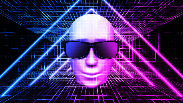 AI artificial intelligence concept digital technology background, 3D rendering of the human head with sunglasses on the circuit space of the neon color circuit board.