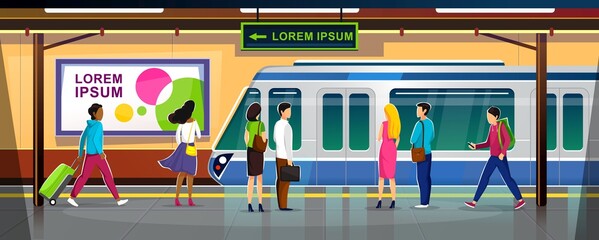 Modern metro station with people and train vector illustration. Crowded subway platform flat style. Underground interior with ads banners. Railroad and urban transportation concept