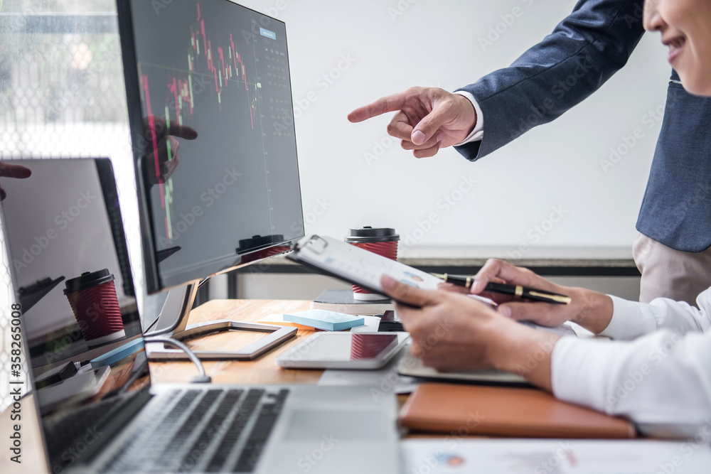 Poster business team investment working with computer, planning and analyzing graph stock market trading wi