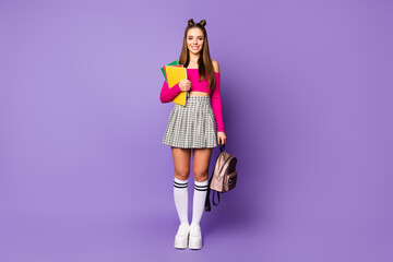 Full length body size view of nice attractive pretty charming intelligent cheery girl ready for new...
