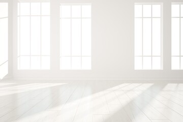 Fototapeta na wymiar modern white room with big white windows interior design. 3D illustration