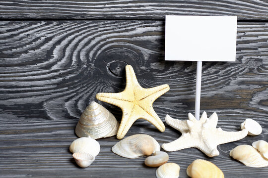 Starfish and shells are scattered on pine boards painted in black and white. Among them is a pointer with a field for an inscription.