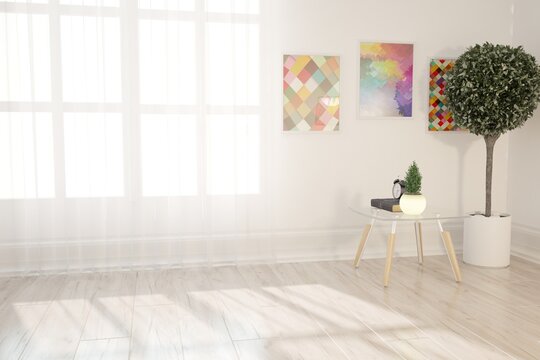 modern room with table,plants,clock and pictures interior design. 3D illustration
