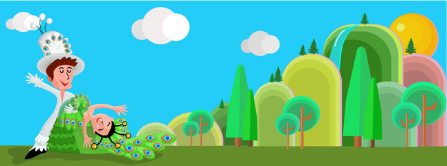 The cartoon template picture of A cute couple in the peacock dress are dancing in the mountain landscape background. ( vector )