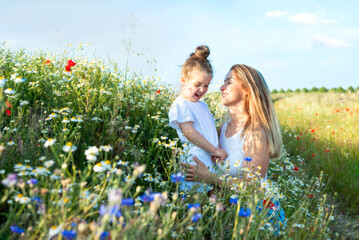 Fototapeta premium Mom and her pretty little daughter in a summer meadow