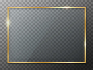 Fototapeta premium Golden frame with glass. Rectangle border. Gold frame boarder. Golden vintage border. Shiny glowing rectangle boarder isolated on background. Design luxury rectangular gold frame with shadow. Vector