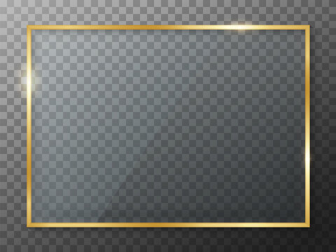 Golden frame with glass. Rectangle border. Gold frame boarder. Golden vintage border. Shiny glowing rectangle boarder isolated on background. Design luxury rectangular gold frame with shadow. Vector