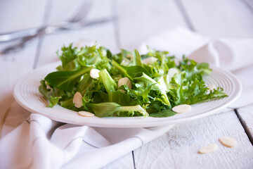 Green vegetable salad with arugula and almonds