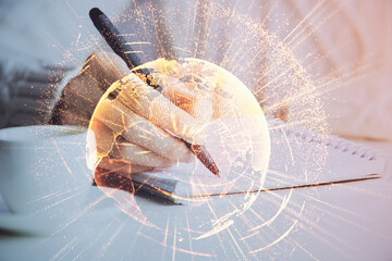 Social network theme hologram over woman's hands writing background. Concept of international...