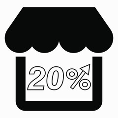 20% increase in store sales. Store building and percentage increase on a white background. Sales growth in the supermarket. Vector icon