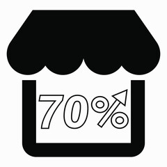70% increase in store sales. Store building and percentage increase on a white background. Sales growth in the supermarket. Vector icon