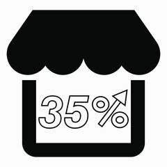 35% increase in store sales. Store building and percentage increase on a white background. Sales growth in the supermarket. Vector icon