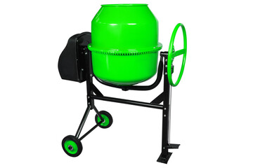 Green portable Concrete mixer isolated on white background. Construction tool cement mixer with electric motor.
