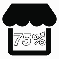 75% increase in store sales. Store building and percentage increase on a white background. Sales growth in the supermarket. Vector icon