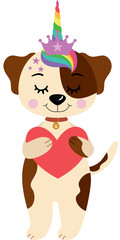 Cute dog with unicorn horn holding a red heart