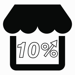 10% increase in store sales. Store building and percentage increase on a white background. Sales growth in the supermarket. Vector icon