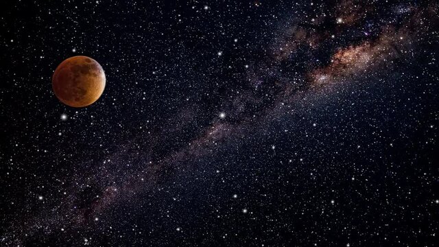 Floating through space and nebula while the galaxy and a red planet are moving towards the viewer in outerspace.