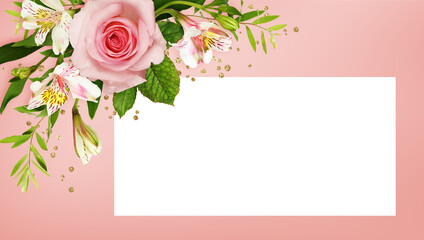 Fototapeta na wymiar Pink roses and alstroemeria flowers with glitter golden confetti in a corner arrangement with a white card