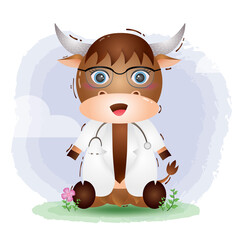 a cute little doctor yak. Cartoon doctor yak. Vector illustration