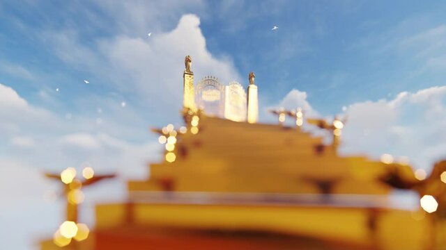 Golden stairway to gates of heaven with flying angels against cloudy sky and white doves, 4K