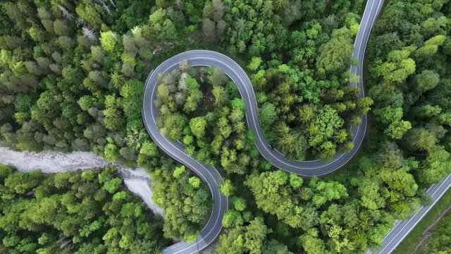 Aerial top down view of cars driving on a sinuous road through the woods in Germany