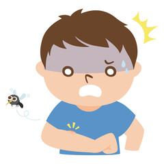 虫除けスプレーを忘れて、蚊に刺されショックを受けてる若い男性のイラスト。