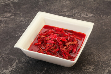 Russian traditional Borsch soup with cabbage