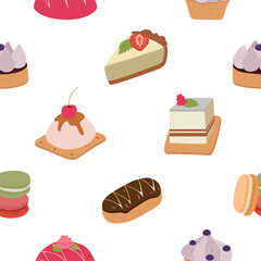 Seamless vector pattern with cakes on a white background. Cakes with raspberries, blueberries, eclair, cupcake, cheesecake, macaron.